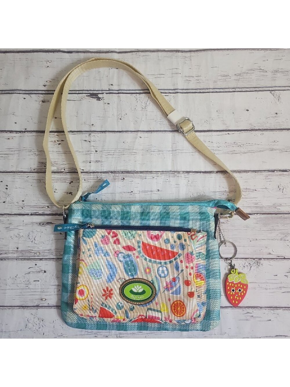Lily Bloom Lydia Summer Picnic Food Drink Plaid Crossbody Purse Strawberry Charm